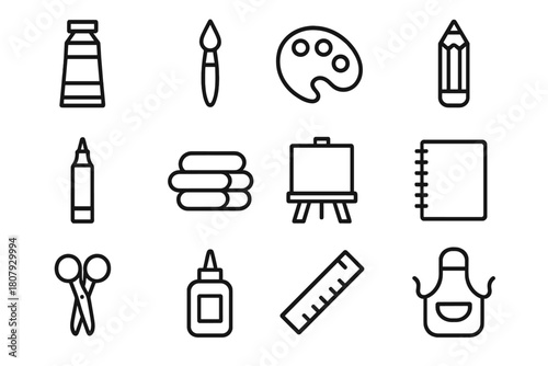 Art Supply Icons. Art supplies. Line icon set of art supplies: paint tube, brush, palette, pencil, marker, clay, canvas, sketchbook, scissors, glue, ruler,