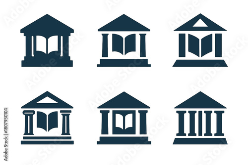 Library Logo Art. Library. Icon set. Set Logo of library: library building facade with columns and book symbol. harmonious logo variations of the