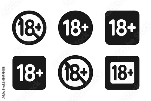 Age Restriction Icons. Restrictions. Icon set. Set Logo of Age Restriction: + symbol. Negative space, Minimal outline, Symmetrical form, Iconic shape, Filled