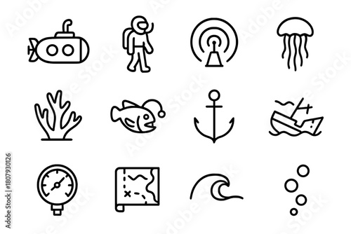 Marine Exploration Icons. Deep sea exploration. Line icon set of deep sea exploration: submarine, diver, sonar, jellyfish, coral, lanternfish,