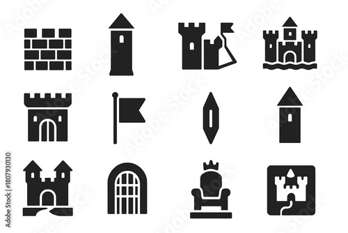 Medieval Castle Icons. Medieval castles. Solid icon set of Medieval castles: stone wall, tower turret, drawbridge, moat, gatehouse, flag, arrow slit, guard