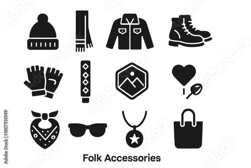 Folk Accessories Icons. Folk Accessories. Solid icon set of Folk Accessories: knit beanie, scarf, denim jacket, leather boots, fingerless gloves, patterned