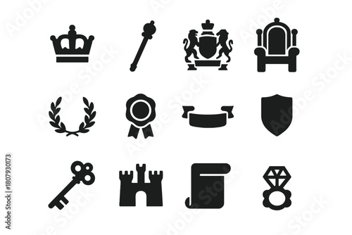 Royal Icons Collection. Royal symbols. Solid icon set of Royal symbols: crown, scepter, coat of arms, throne, laurel wreath, royal seal, ribbon banner, crest