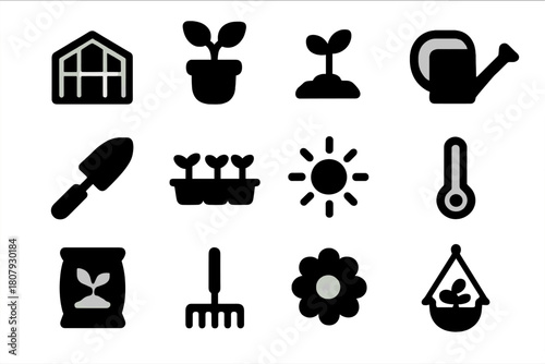 Horticulture Icon Set. Horticulture. Solid icon set of Horticulture: greenhouse, potted plant, seedling, watering can, garden trowel, plant tray,