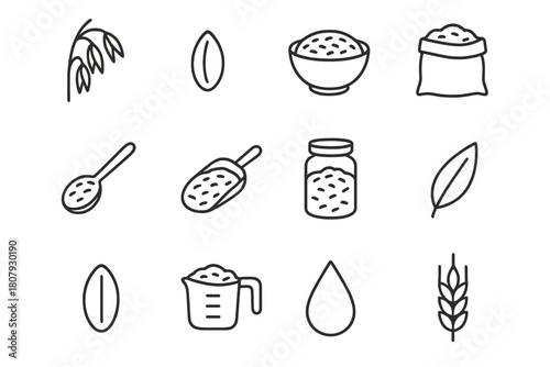 Oat Grain Icons. Oat grains. Line icon set of oat grains: oats stalk, grain, bowl, bag of oats, spoon, scoop, jar, leaf, seed, measuring cup, drop, wheat ear.