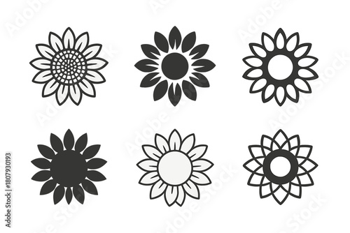 Sunflower Logo Variations. Flowers. Icon set. Set Logo of Flowers: Sunflower. harmonious logo variations of the same emblematic concept, each with different