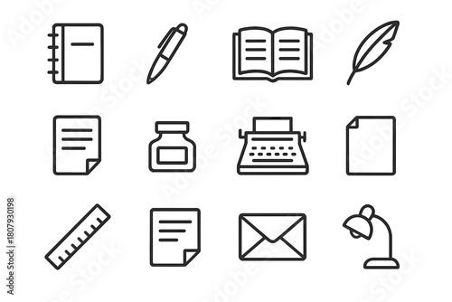 Classic Writing Tools. Writing. Line icon set of Writing: notebook, pen, open book, feather, page, ink bottle, typewriter, paper, ruler, letter, envelope,