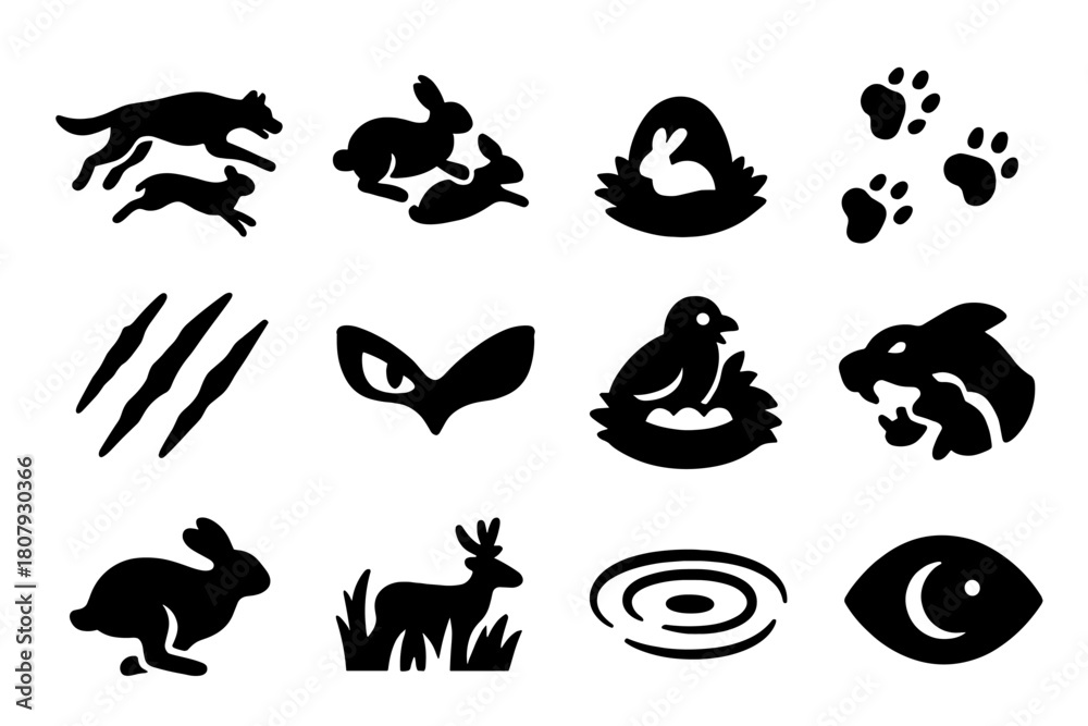 Naklejka premium Predator and Prey Icons. Predator and Prey. Solid icon set of Predator and Prey: chase, pounce, hiding prey, footprint trail, claw mark, eye glare, nest