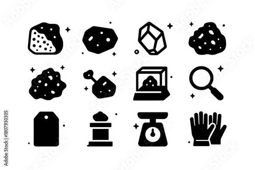 Meteorite Icon Collection. Meteorites. Solid icons set of Meteorites: falling meteor, crater, space rock, glowing trail, asteroid belt, dust cloud, explosion