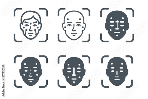 Harmony in Recognition Icons. Facial recognition. Icon set. Set Logo of facial recognition: face with landmark dots and grid. harmonious logo variations of the
