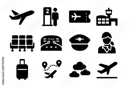 Commercial Aviation Icons. Commercial aviation. Solid icon set of Commercial aviation: passenger jet, boarding gate, flight ticket, airport terminal, seat row,