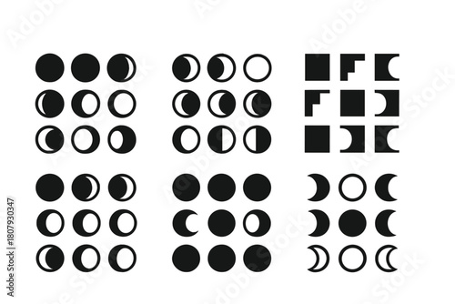 Moon Phases Icons. Moon phases. Icon set. Set Logo of moon phases: telescope viewing path trailing through phases. harmonious logo variations of the same