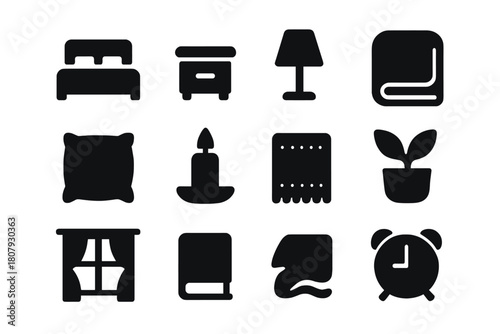 Bedroom Decor Icons. Upgrading your bedroom with stylish decor. Icon set. Set Logo of upgrading your bedroom with stylish decor: statement headboard.