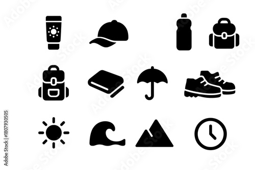 Outdoor Safety Icons. Outdoor activity safety. Solid icon set of Outdoor activity safety: sunscreen, cap, sunglasses, water bottle, backpack, towel, umbrella,