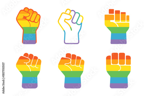 Rainbow Fist Icons. Pride. Icon set. Set Logo of pride: raised fist in rainbow gradient. harmonious logo variations of the same emblematic concept, each with