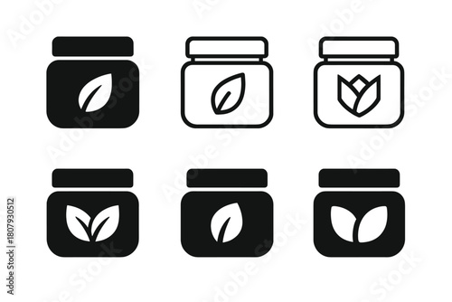 Moisturizer Jar Logos. Moisturizer jar mockup. Icon set. Set Logo of moisturizer jar mockup: jar with SPF sun badge. harmonious logo variations of the same