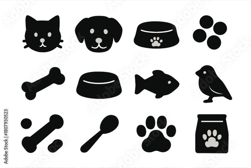 Pet Meal Icons. Pet meal time. Solid icon set of Pet meal time: cat, dog, food bowl, kibble, bone, water bowl, fish, bird, treat, spoon, paw print, pet food