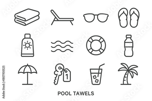 Poolside Essentials Icons. Pool towels. Line icon set of pool towels: folded towel, pool chair, sunglasses, flip-flops, sunscreen, wave icon, lifebuoy, water
