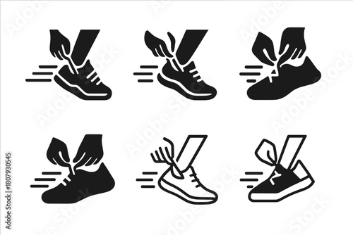 Shoelace Logo Variations. Tying shoelaces before jogging. Icon set. Set Logo of Tying shoelaces before jogging: Running sock. harmonious logo variations of the