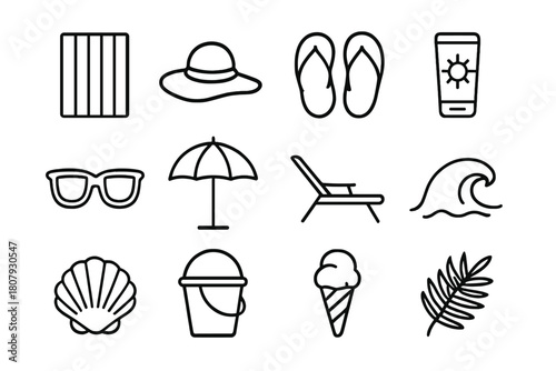 Beach Essentials Icons. Beach towels. Line icon set of beach towels: striped towel, sun hat, flip-flops, sunscreen, sunglasses, umbrella, beach chair, wave,