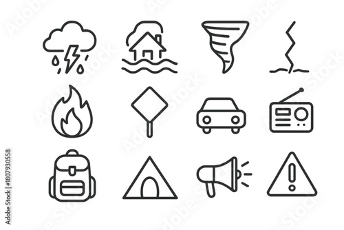 Natural Disaster Icons. Natural disaster evacuation. Line icon set of natural disaster evacuation: storm cloud, flood, tornado, earthquake crack, wildfire,
