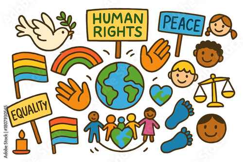 Unity for Human Rights. Human rights movement. Colorful Hand-drawn doodle Children illustration Human rights movement earth, open hands, dove, candle, protest