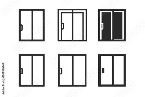 Sliding Doors Icons. Sliding doors. Icon set. Set Logo of sliding doors: balcony slider with sheer curtain. harmonious logo variations of the same emblematic