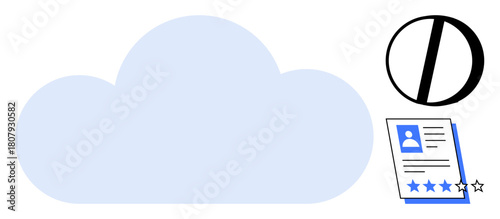 Blue cloud shape with document featuring profile, star ratings, and privacy lock visual. Ideal for software, cloud storage, review, data management, privacy, technology simple flat metaphor