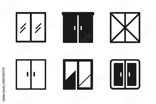 Sliding Doors Icons. Sliding doors. Icon set. Set Logo of sliding doors: balcony slider with sheer curtain. harmonious logo variations of the same emblematic