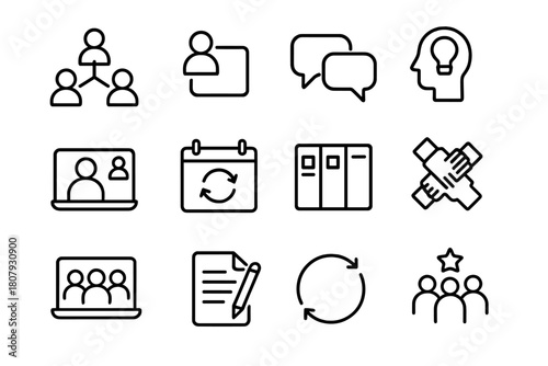 Collaboration Icons Grid. Collaboration. Line icon set of Collaboration: people connecting lines, shared folder, chat bubble, brainstorming, video call,