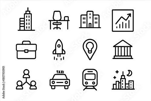 Economic Icons Collection. Economic hubs and business districts. Line icon set of economic hubs and business districts: office tower, coworking desk,