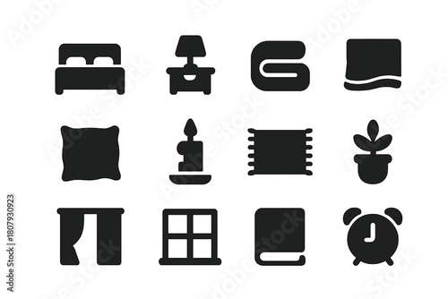 Bedroom Decor Icons. Upgrading your bedroom with stylish decor. Icon set. Set Logo of upgrading your bedroom with stylish decor: statement headboard.