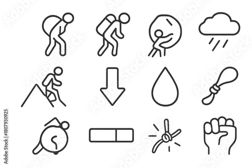 Heavy Burden Icons. Heavy Burden. Line icon set of Heavy Burden: person carrying weight, backpack, boulder, chain, stress cloud, mountain, downward arrow,