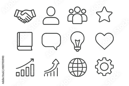 Mentorship Icon Set. Mentorship. Solid icon set of mentorship: person teaching, book, handshake, people group, lightbulb, speech bubble, star, document,