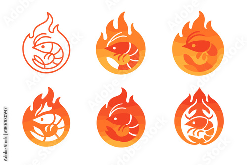 Spicy Seafood Emblem Set. Spicy seafood. Icon set. Set Logo of Spicy Seafood: stylized shrimp in flame circle. harmonious logo variations of the same