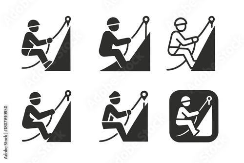 Ice Climbing Logos. Ice climbing. Icon set. Set Logo of ice climbing: cramponed boot front-pointing into ice. harmonious logo variations of the same emblematic