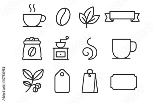 Gourmet Coffee Icons. Gourmet coffee label. Line icon set of gourmet coffee label: coffee cup, bean, steam, leaf, ribbon, sack, grinder, aroma swirl, mug,