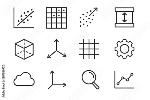 Dimensionality Reduction Icons. Dimensionality reduction. Line icon set of dimensionality reduction: PCA graph, scatter matrix, projection arrow, compression