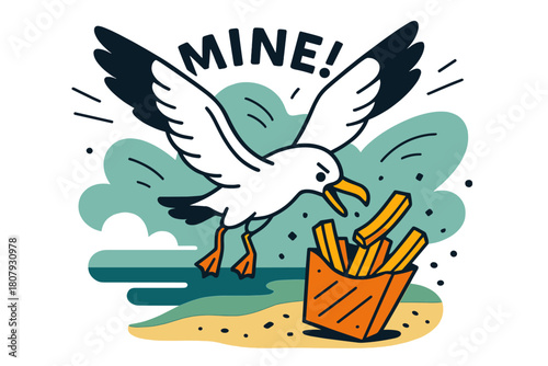 Seagull Snack Thief. Seagulls ? Beach snack thief. A gull swoops near fries; wind lines and crumbs scatter like confetti. Text ?MINE!? curves playfully above.