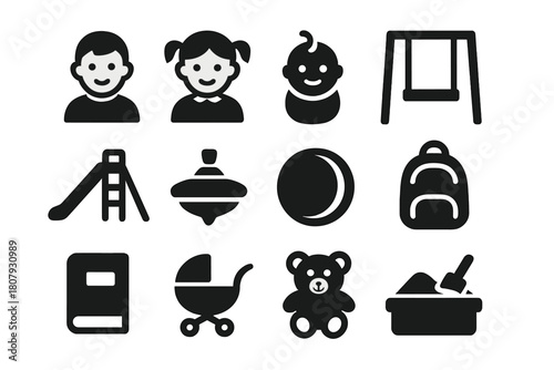 Childhood Icons Set. Childhood. Solid icon set of Childhood: boy, girl, baby, swing, slide, toy, ball, backpack, school book, stroller, teddy bear, sandbox.