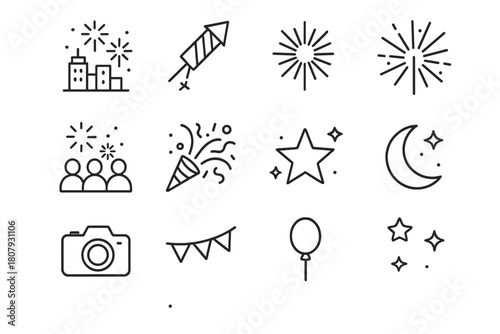 City Fireworks Icons. City fireworks. Line icon set of city fireworks: skyline, rocket firework, burst, sparkler, confetti, crowd, star, moon, camera, banner,