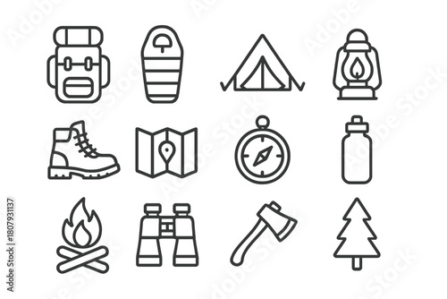 Camping Gear Icons. Camping gear. Line icon set of Camping gear: backpack, sleeping bag, tent, lantern, hiking boots, map, compass, campfire, binoculars, water