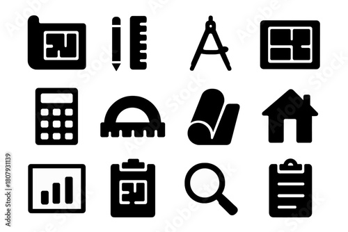 Construction Tool Icons. Construction and Measurement. Line icon set of Construction and Measurement: ruler, compass, protractor, measuring tape, blueprint,