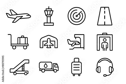 Airport Icon Set. Airport operations. Line icon set of airport operations: airplane, control tower, radar, runway, baggage cart, hangar, gate, security