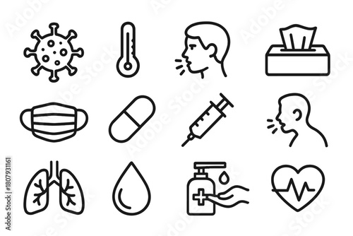 Viral Infection Icons. Viral infection. Line icon set of viral infection: virus, thermometer, person head, tissue, mask, pill, syringe, cough icon, lungs,