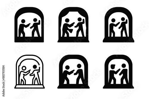 Theatrical Feedback Icons. A director giving feedback to an actor on their performance. Icon set. Set Logo of a director giving feedback to an actor on their
