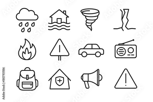 Natural Disaster Icons. Natural disaster evacuation. Line icon set of natural disaster evacuation: storm cloud, flood, tornado, earthquake crack, wildfire,