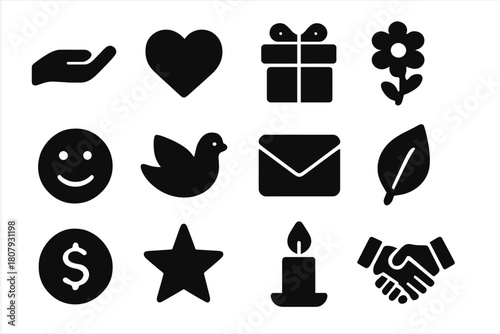 Symbols of Kindness. Acts of kindness. Solid icon set of acts of kindness: hand, heart, gift, flower, smile, dove, envelope, leaf, coin, star,