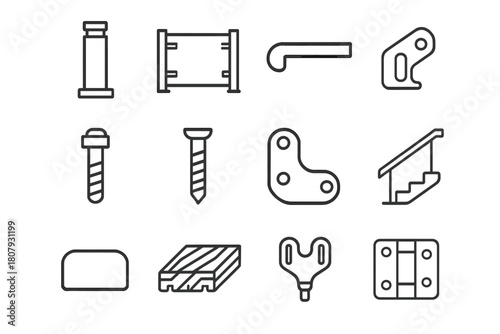 Deck Railing Icons. Deck railing. Line icon set of deck railing: post, glass panel, handrail, base plate, bolt, screw, wall bracket, stair, end cap, deck