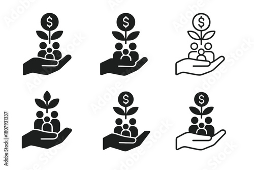 Family Budgeting Icons. Family budgeting. Icon set. Set Logo of family budgeting: family hand holding money sprout. harmonious logo variations of the same
